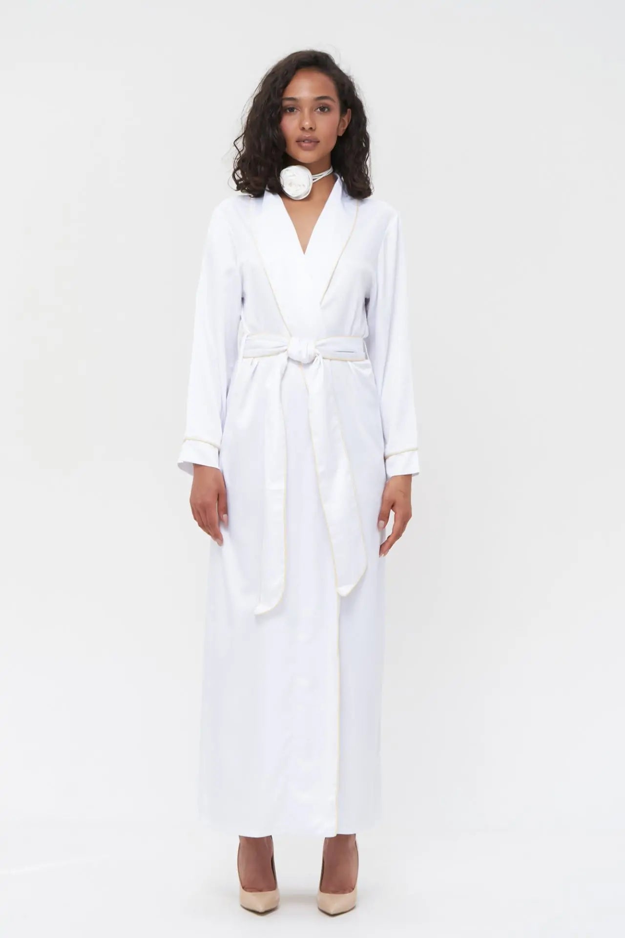Long Satin Robe with Contrast Piping - Bella Babe by SK