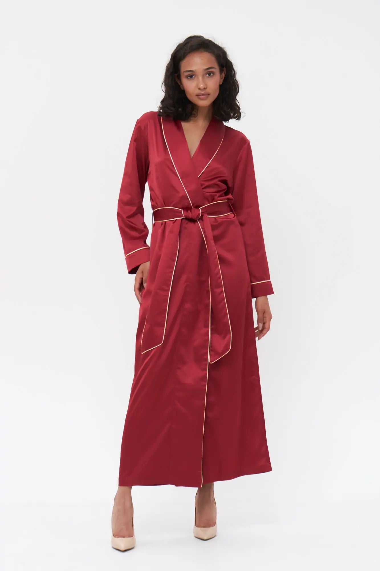 Long Satin Robe with Contrast Piping - Bella Babe by SK