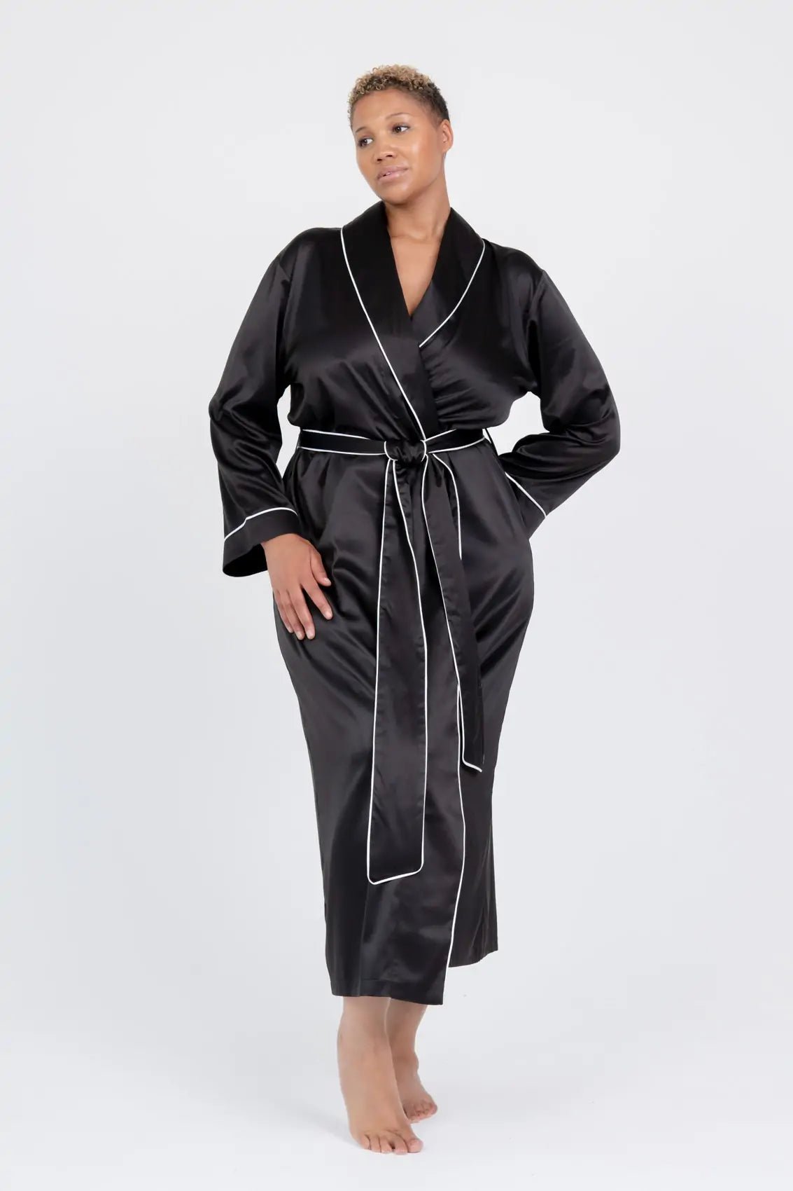 Long Satin Robe with Contrast Piping - Bella Babe by SK