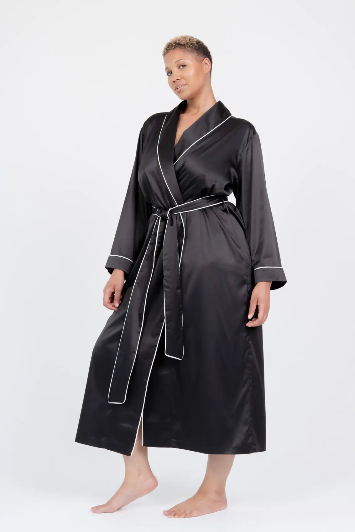 Long Satin Robe with Contrast Piping - Bella Babe by SK