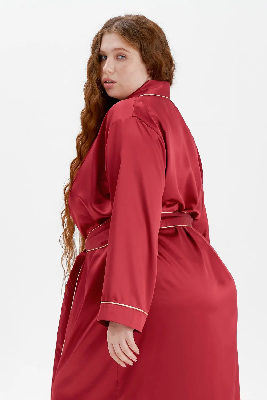 Long Satin Robe with Contrast Piping - Bella Babe by SK