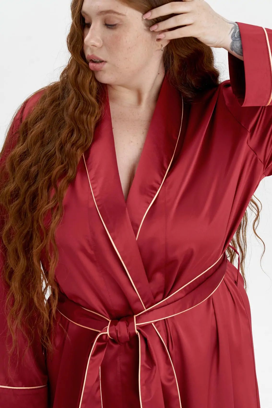 Long Satin Robe with Contrast Piping - Bella Babe by SK