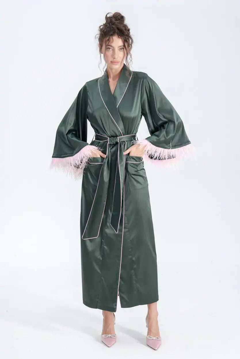 Long Silky Satin Feather Dressing Gown with Piping - Bella Babe by SK