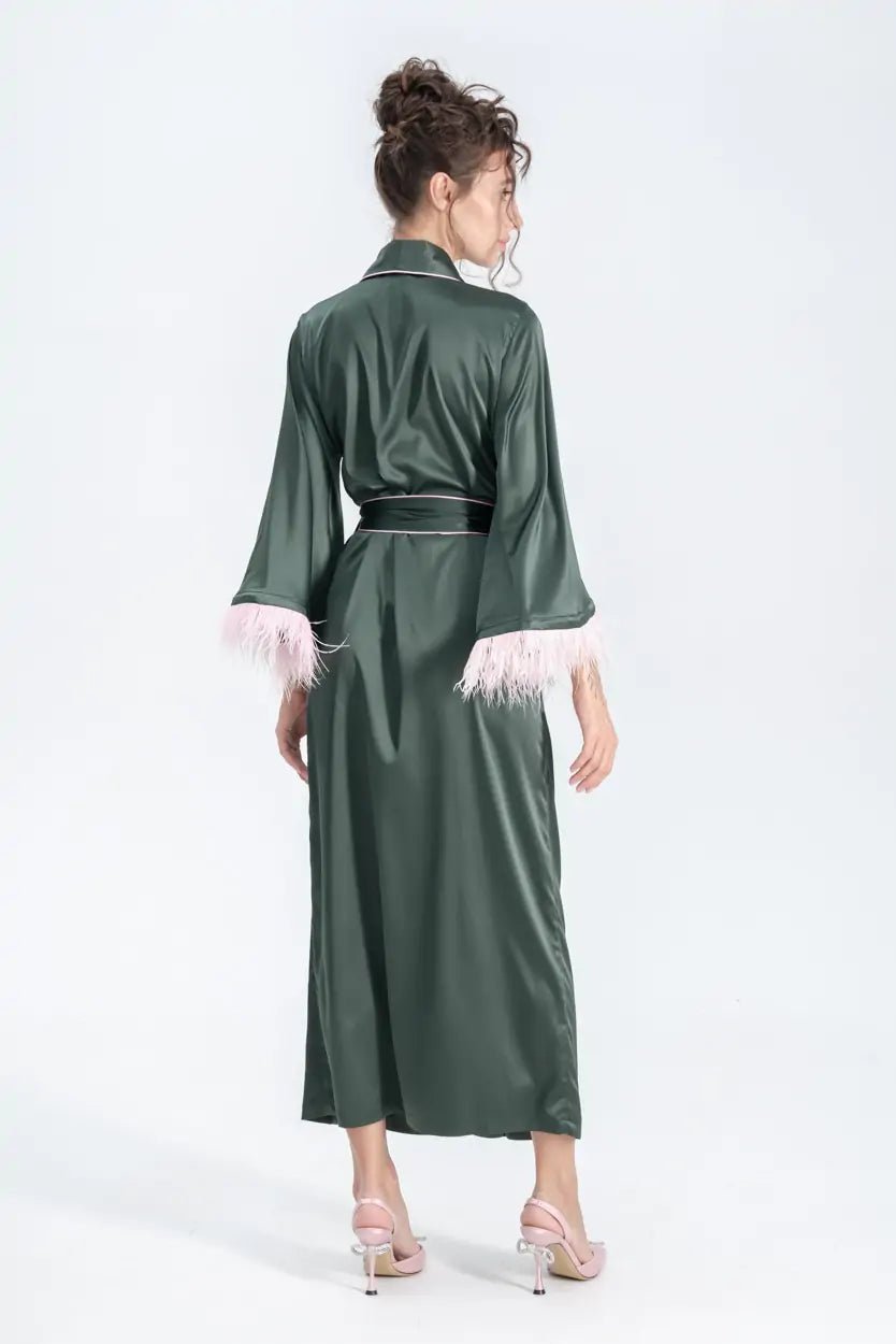 Long Silky Satin Feather Dressing Gown with Piping - Bella Babe by SK