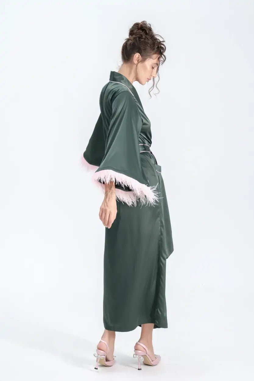 Long Silky Satin Feather Dressing Gown with Piping - Bella Babe by SK