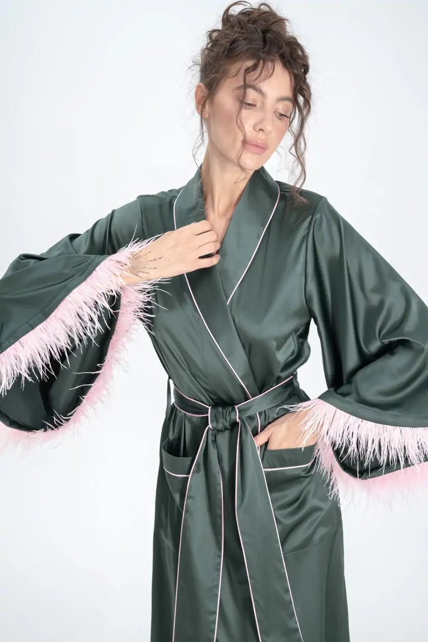 Long Silky Satin Feather Dressing Gown with Piping - Bella Babe by SK