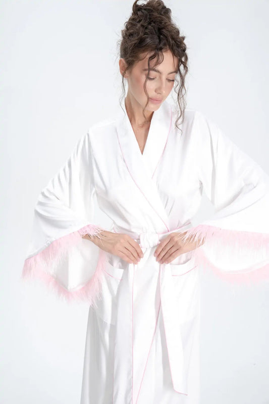 Long Silky Satin Feather Dressing Gown with Piping - Bella Babe by SK