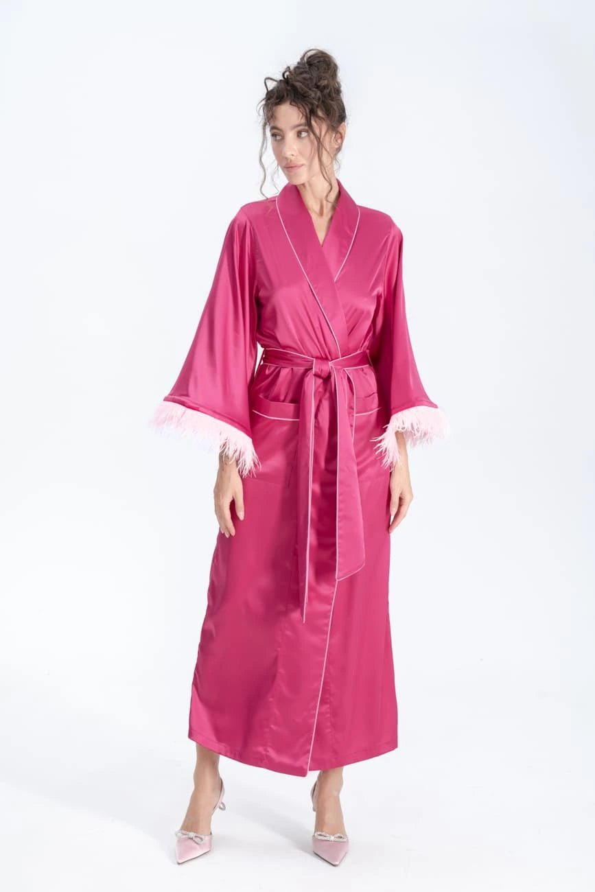 Long Silky Satin Feather Dressing Gown with Piping - Bella Babe by SK