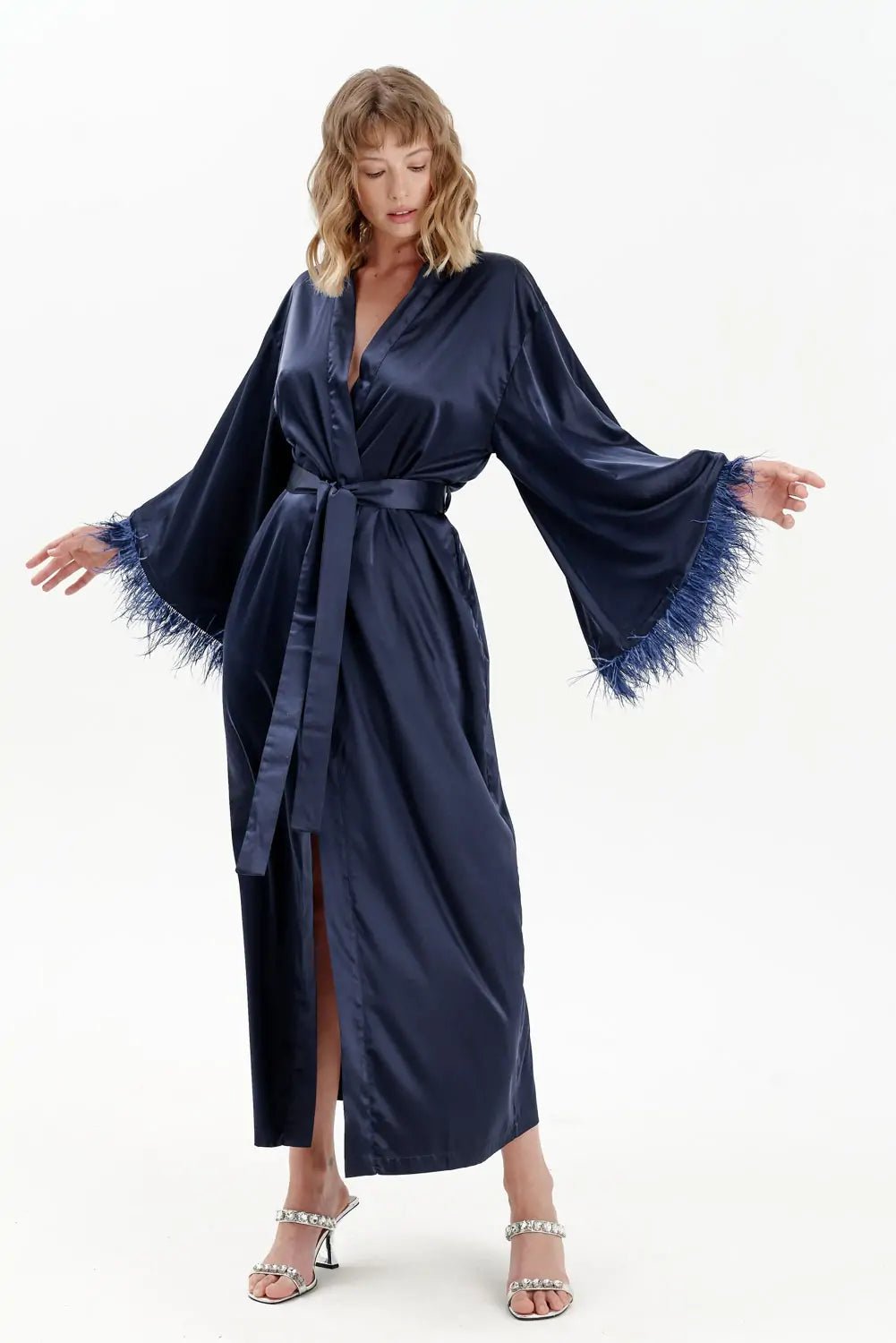 Long Silky Satin Feather Dressing Gown - Bella Babe by SK