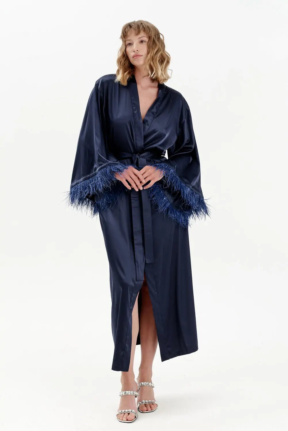 Long Silky Satin Feather Dressing Gown - Bella Babe by SK