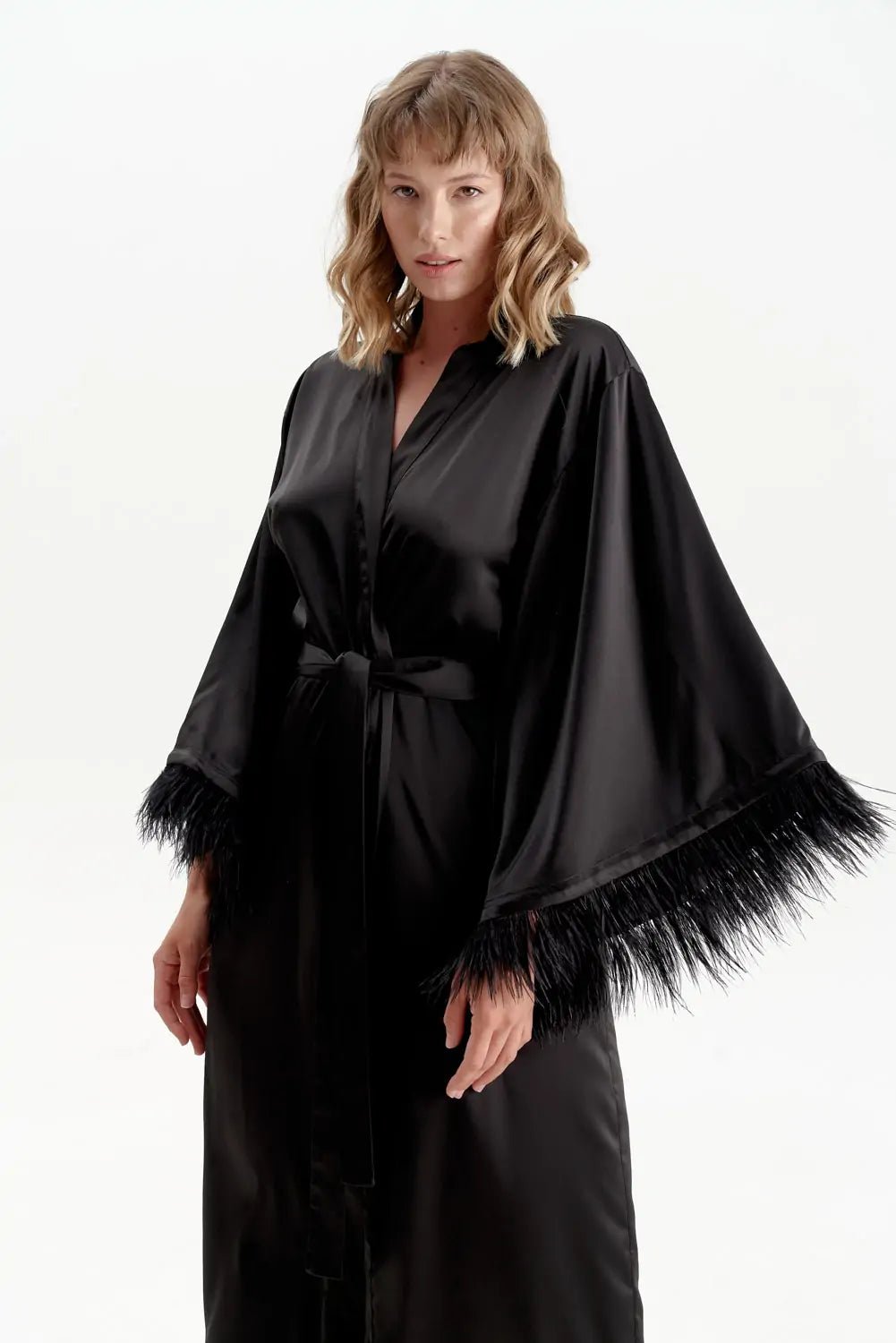 Long Silky Satin Feather Dressing Gown - Bella Babe by SK