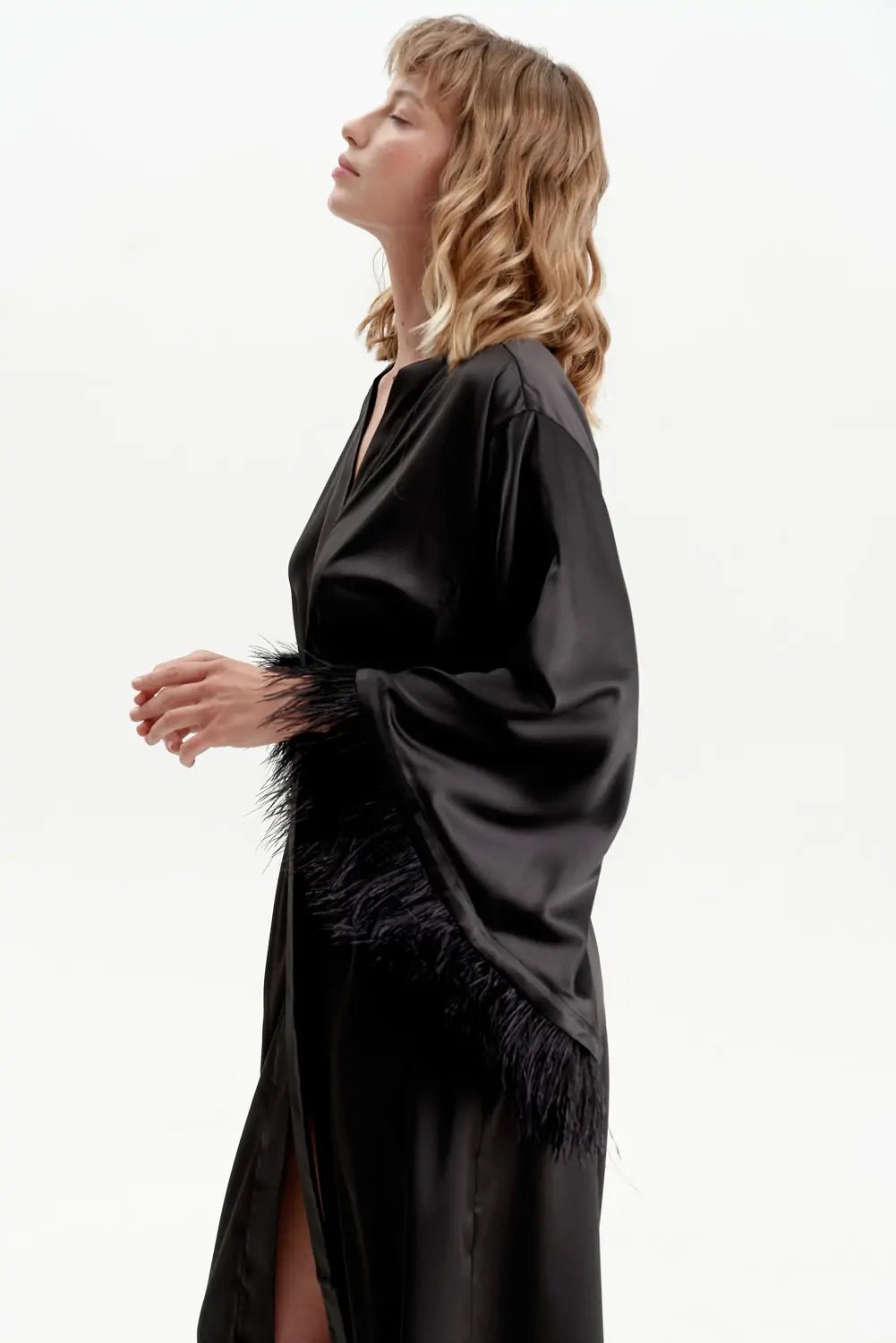 Long Silky Satin Feather Dressing Gown - Bella Babe by SK