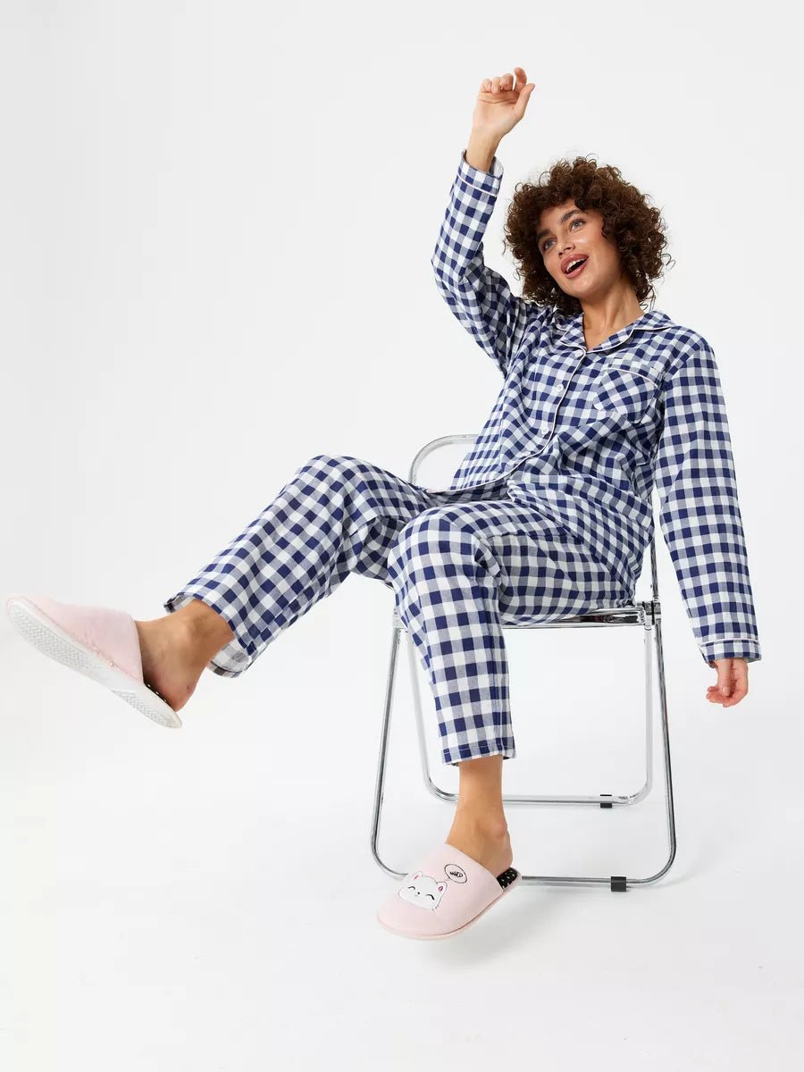 Loungewear Set Blue Checkered 100% Cotton - Bella Babe by SK