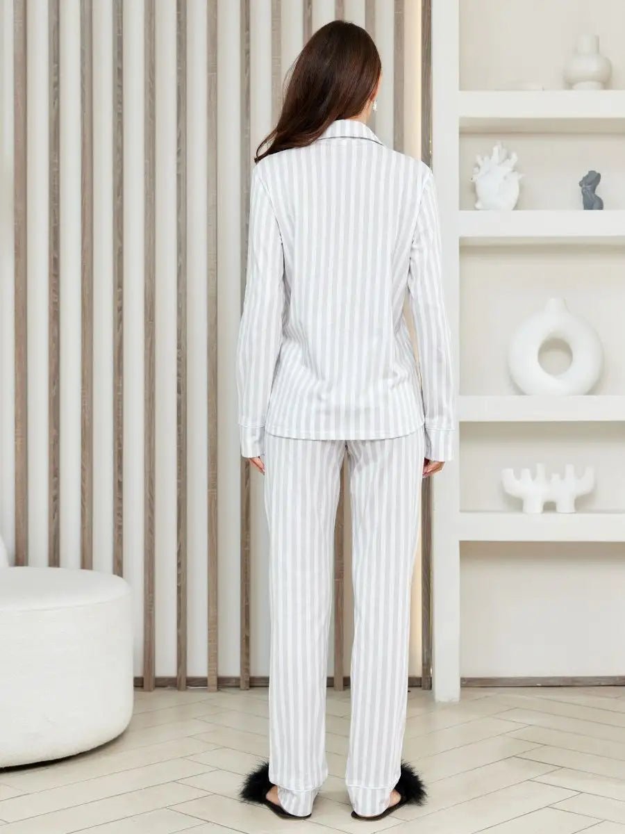 Loungewear Set Full Sleeve Grey Stripe 100% Cotton - Bella Babe by SK