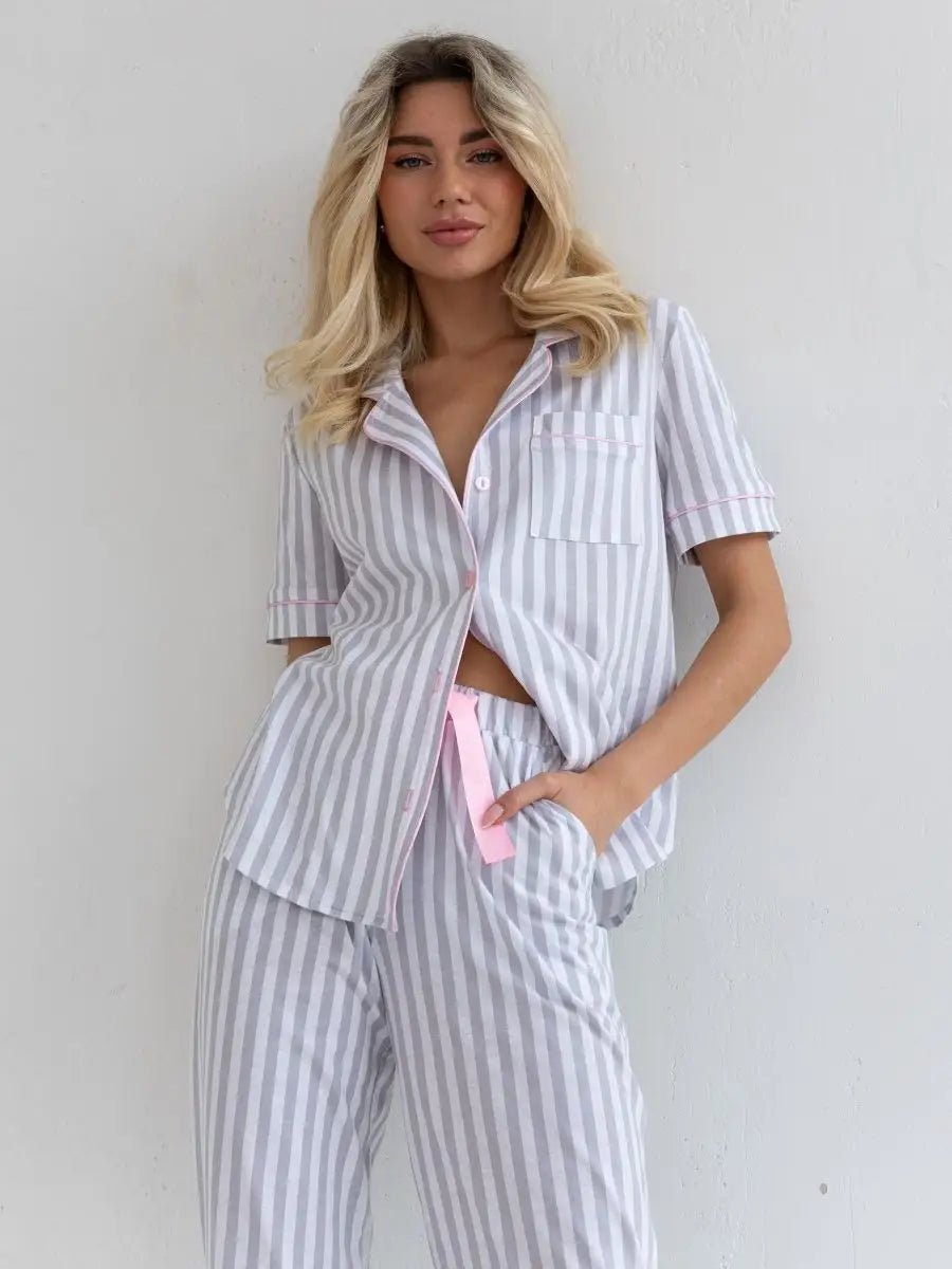 Loungewear Set Grey Striped 100% Cotton - Bella Babe by SK