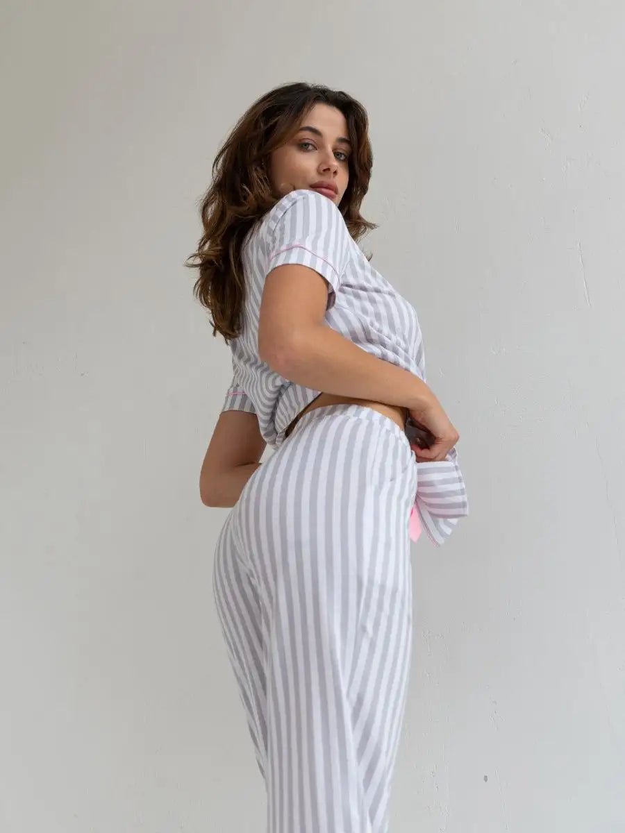 Loungewear Set Grey Striped 100% Cotton - Bella Babe by SK