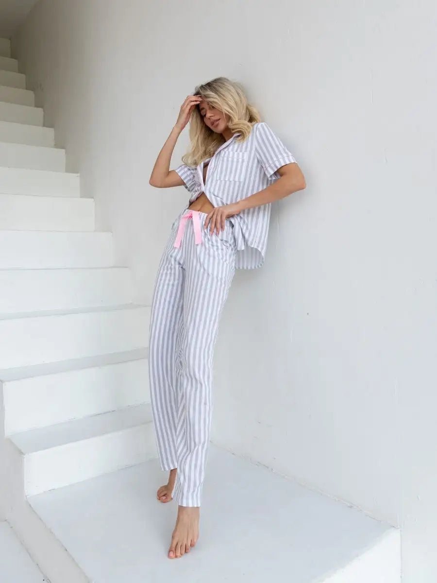 Loungewear Set Grey Striped 100% Cotton - Bella Babe by SK