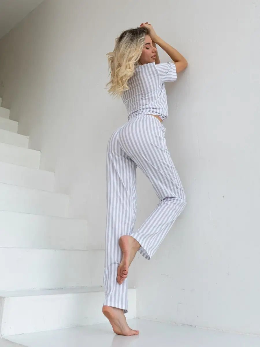 Loungewear Set Grey Striped 100% Cotton - Bella Babe by SK