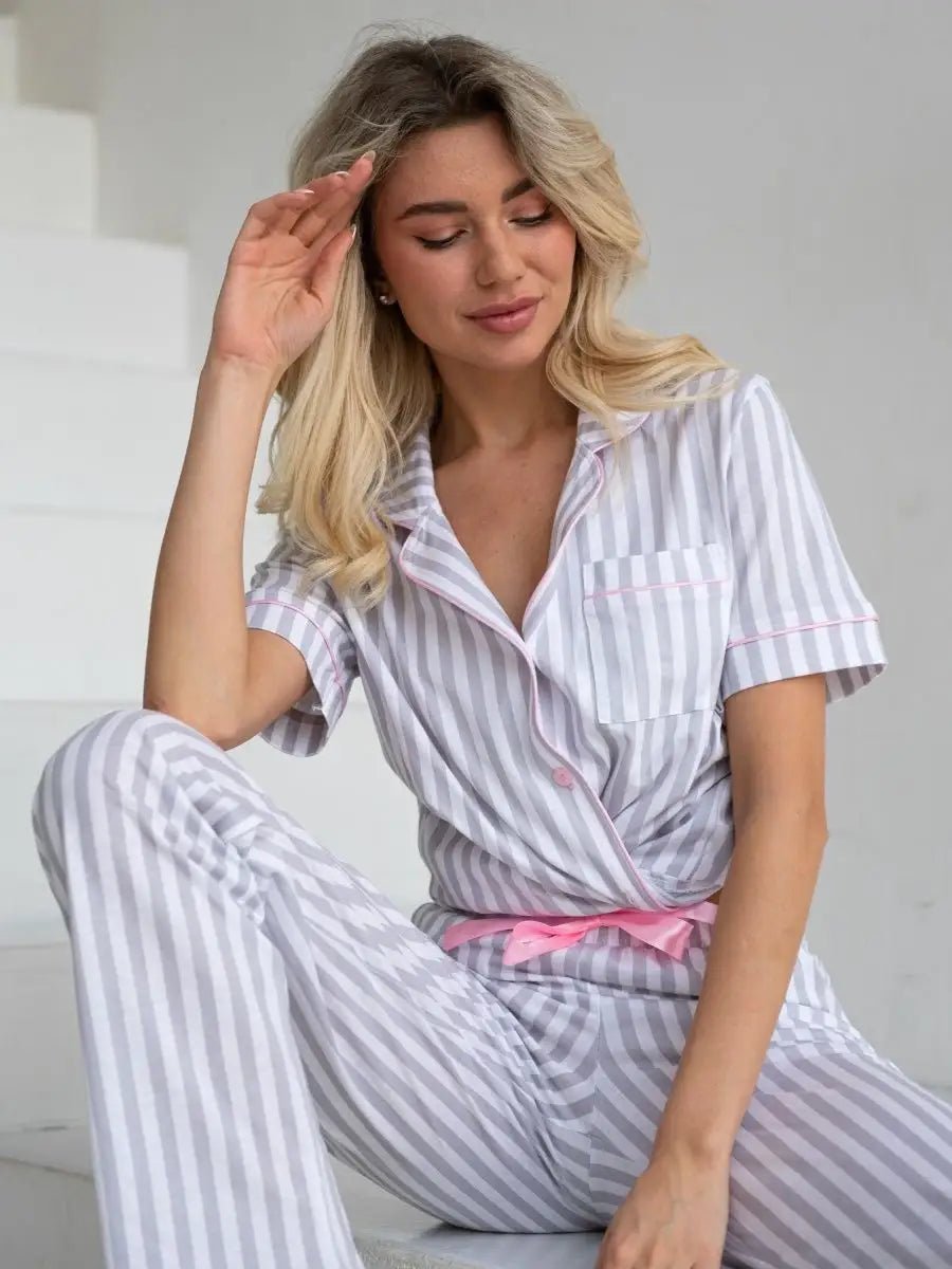Loungewear Set Grey Striped 100% Cotton - Bella Babe by SK