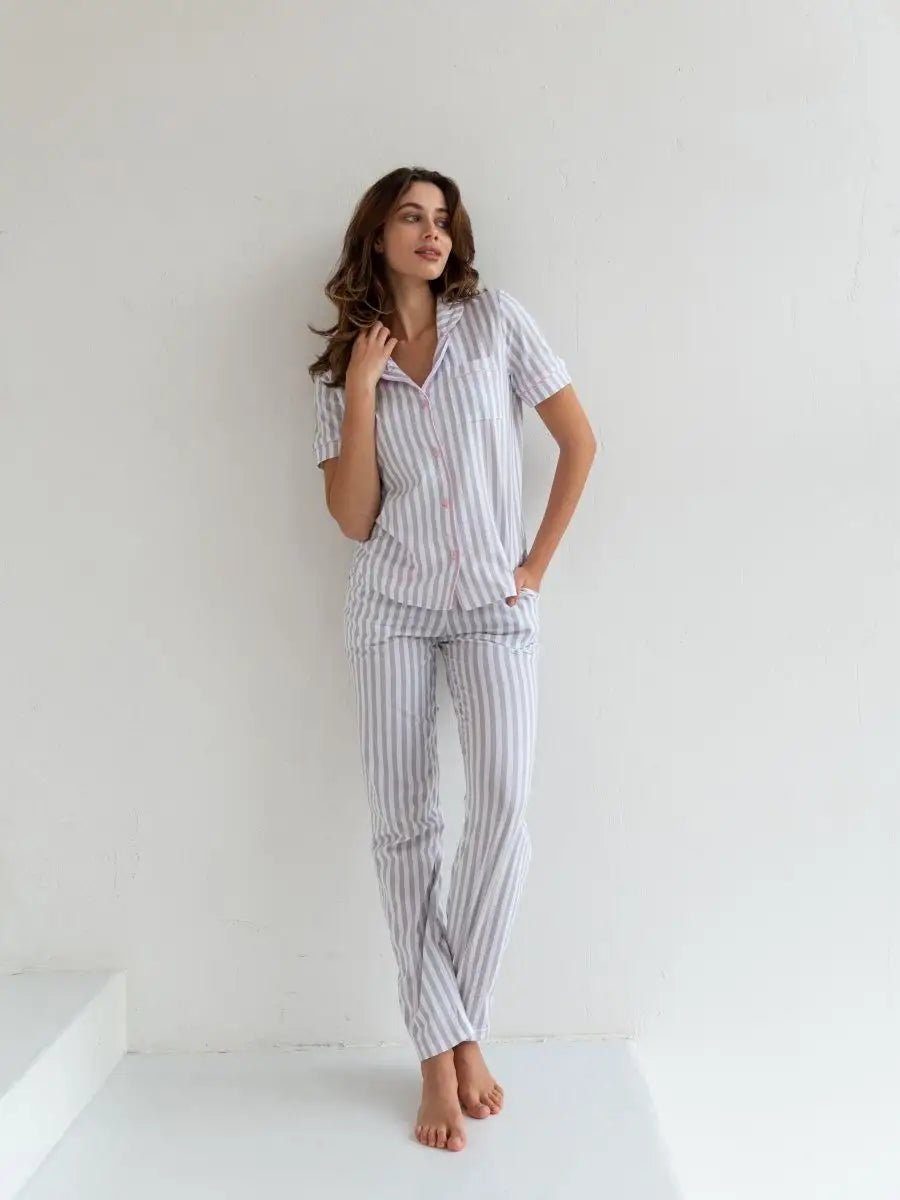 Loungewear Set Grey Striped 100% Cotton - Bella Babe by SK
