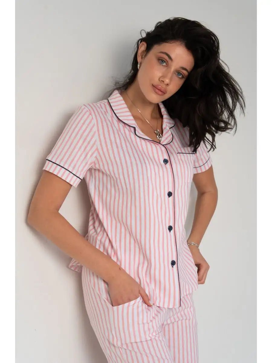 Loungewear Set Pink Stripe Contrast Piping - Bella Babe by SK