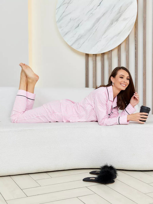 Loungewear Set Pink Striped with Contrast Piping - Bella Babe by SK