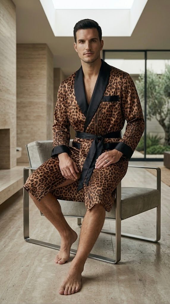 Men's Satin Kimono Robe – Leopard Print | Silk Feel - Bella Babe by SK