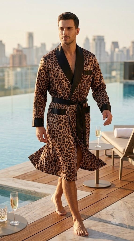 Men's Satin Kimono Robe – Leopard Print | Silk Feel - Bella Babe by SK