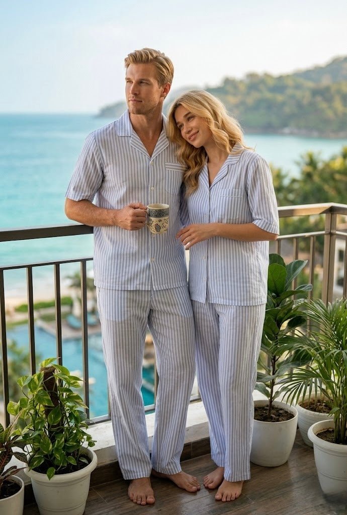 Men's Striped Coord Set – 100% Cotton | Wear Together or Mix & Match | Half Sleeve Shirt + Pajama - Bella Babe by SK