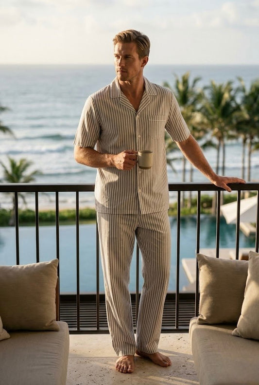 Men's Striped Coord Set – 100% Cotton | Wear Together or Mix & Match | Half Sleeve Shirt + Pajama - Bella Babe by SK