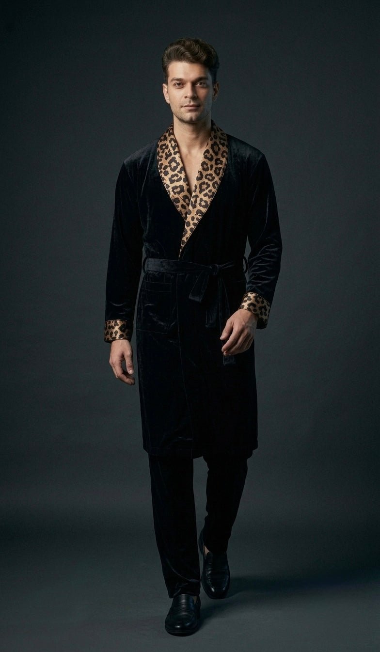 Noir Men's Velvet Dressing Gown, Satin Shawl Collar Luxury Robe - Bella Babe by SK