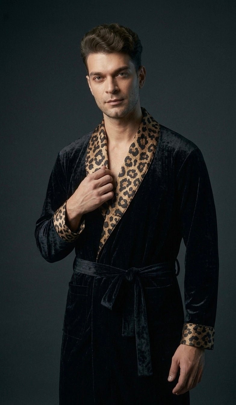 Noir Men's Velvet Dressing Gown, Satin Shawl Collar Luxury Robe - Bella Babe by SK