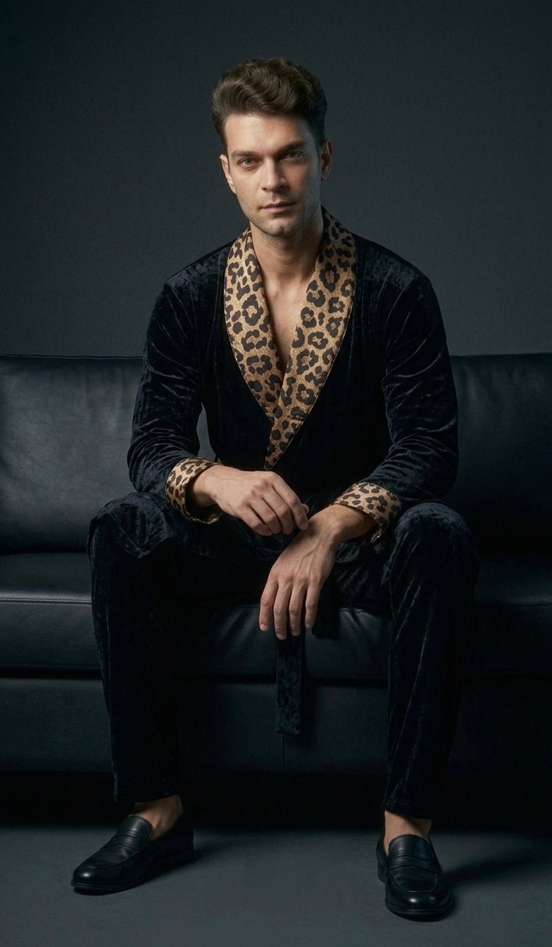 Noir Men's Velvet Dressing Gown, Satin Shawl Collar Luxury Robe - Bella Babe by SK