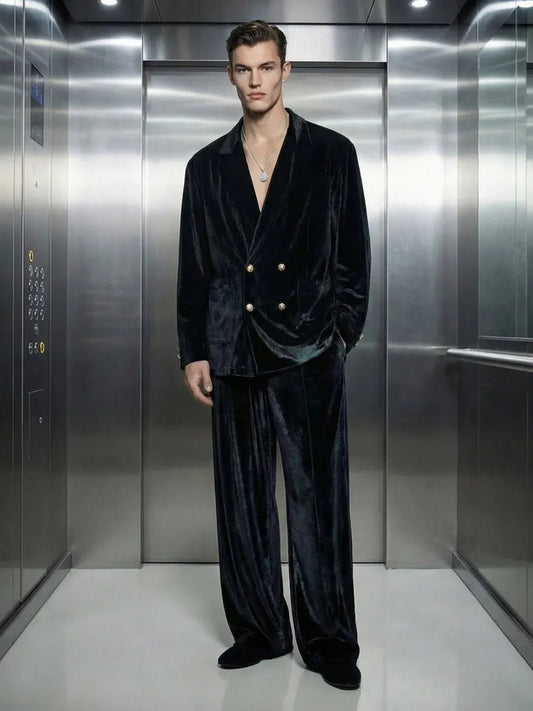 Noir Velvet Double-Breasted Co-ord Set | Men's Luxury Velvet Blazer & Wide-Leg Pajama Set - Bella Babe by SK