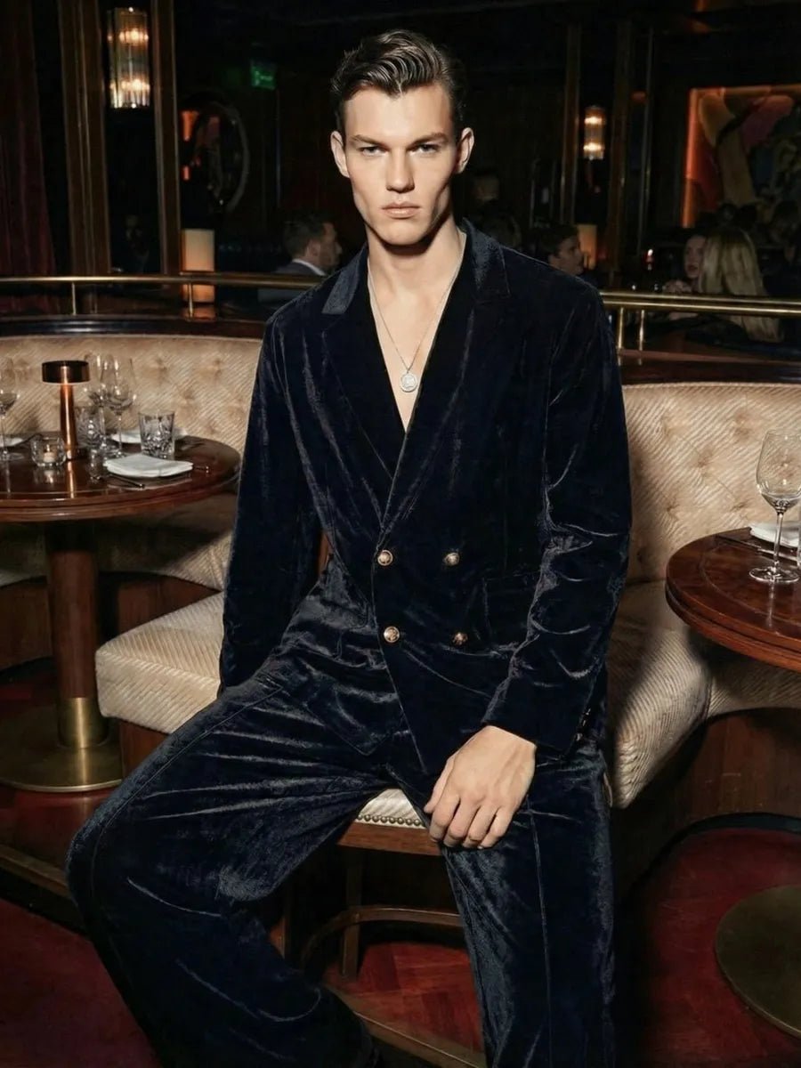 Noir Velvet Double-Breasted Co-ord Set | Men's Luxury Velvet Blazer & Wide-Leg Pajama Set - Bella Babe by SK