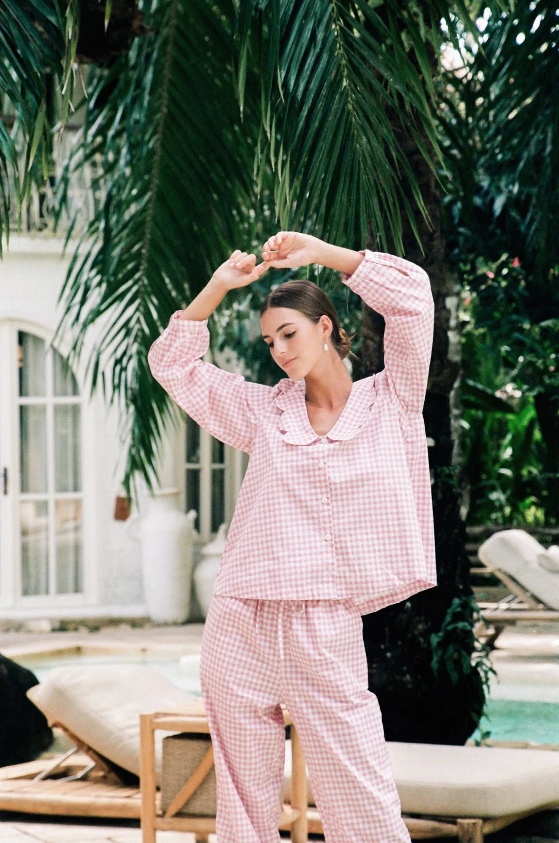 Pink Gingham Cotton Pyjama Set for Women | Full Sleeve Scallop Collar Top & Pants | Cotton Nightsuit Co-ord - Bella Babe by SK
