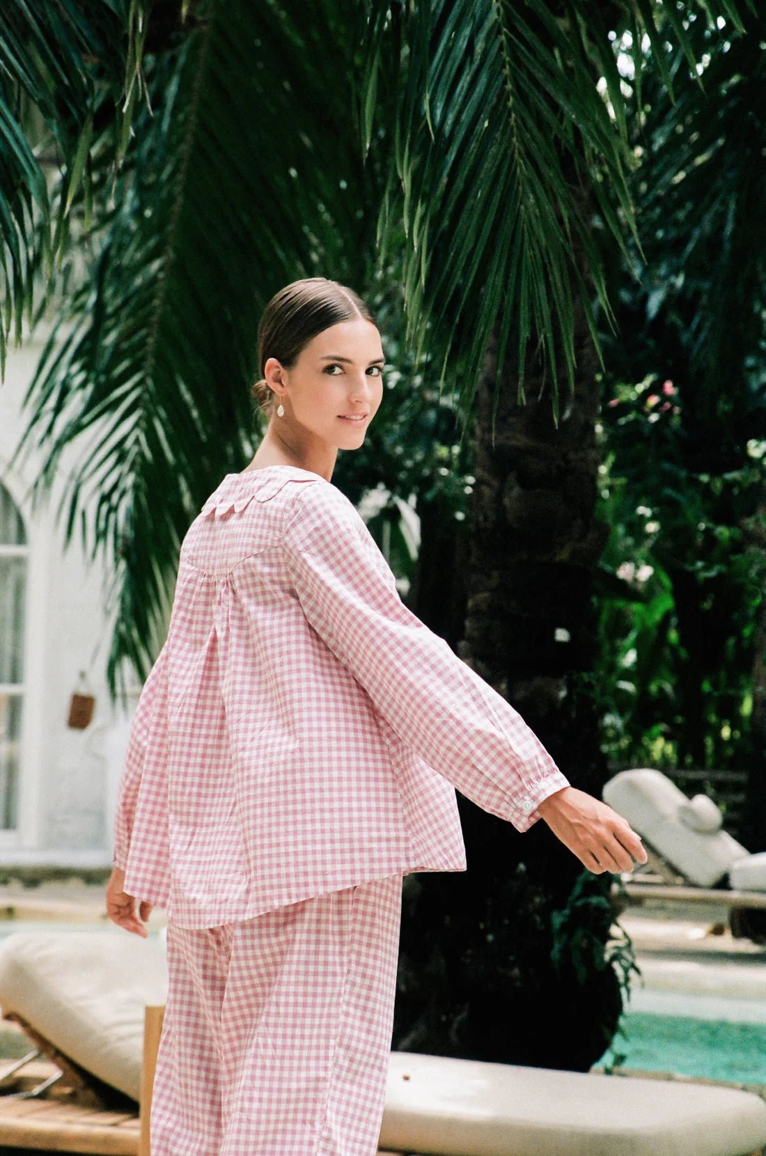 Pink Gingham Cotton Pyjama Set for Women | Full Sleeve Scallop Collar Top & Pants | Cotton Nightsuit Co-ord - Bella Babe by SK