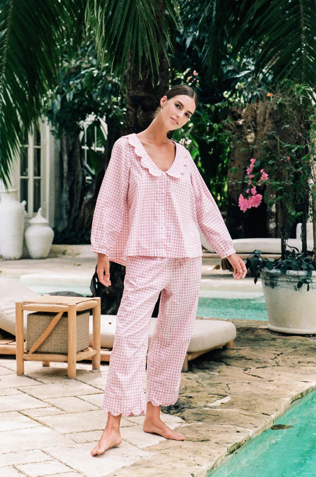 Pink Gingham Cotton Pyjama Set for Women | Full Sleeve Scallop Collar Top & Pants | Cotton Nightsuit Co-ord - Bella Babe by SK