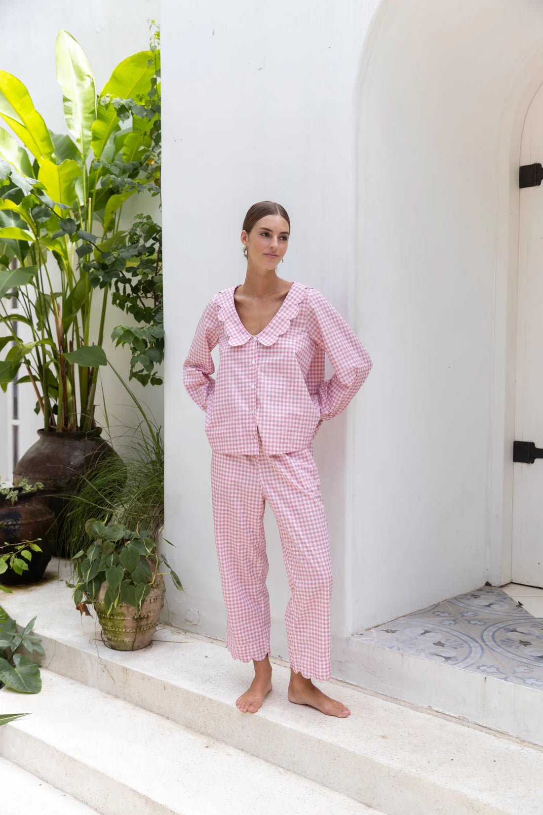 Pink Gingham Cotton Pyjama Set for Women | Full Sleeve Scallop Collar Top & Pants | Cotton Nightsuit Co-ord - Bella Babe by SK