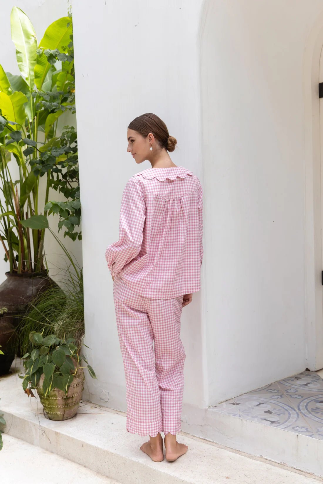 Pink Gingham Cotton Pyjama Set for Women | Full Sleeve Scallop Collar Top & Pants | Cotton Nightsuit Co-ord - Bella Babe by SK