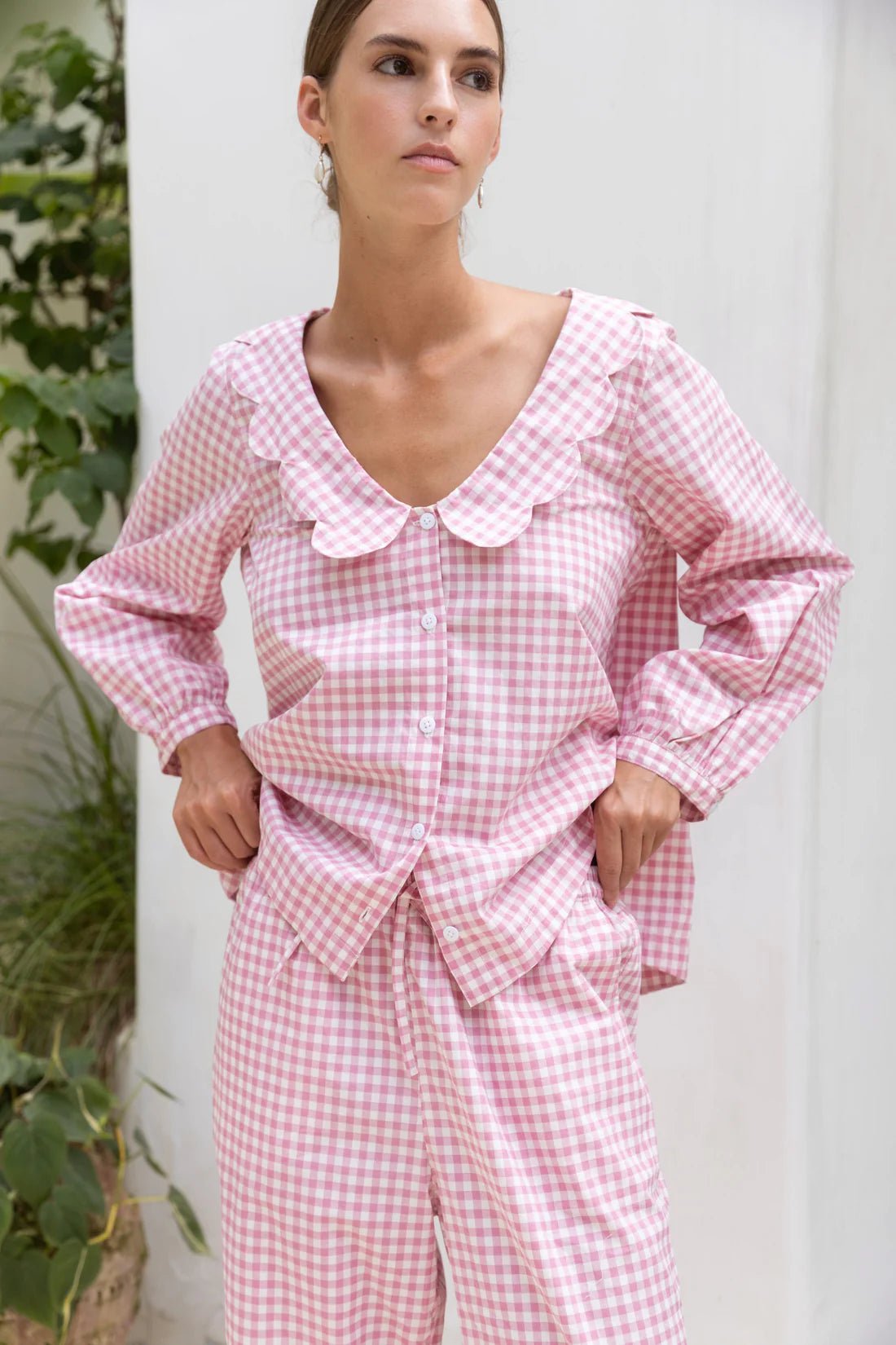 Pink Gingham Cotton Pyjama Set for Women | Full Sleeve Scallop Collar Top & Pants | Cotton Nightsuit Co-ord - Bella Babe by SK