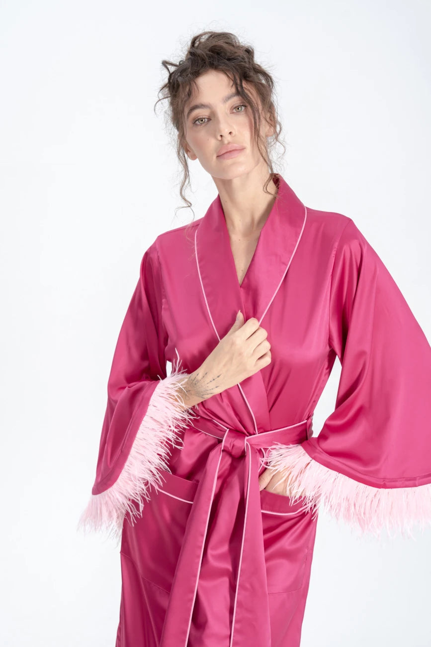 Long Silky Satin Feather Dressing Gown with Piping