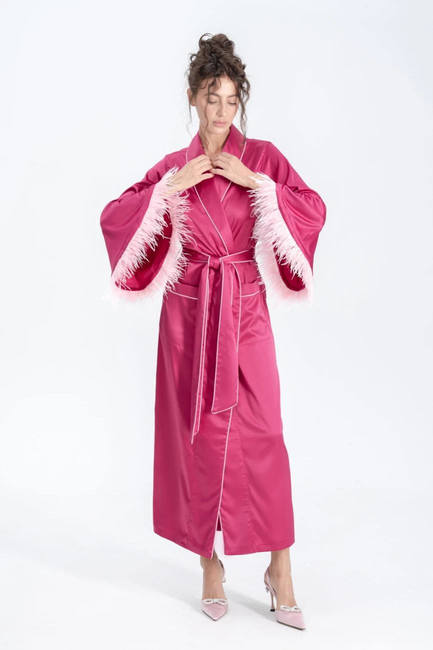 Long Silky Satin Feather Dressing Gown with Piping