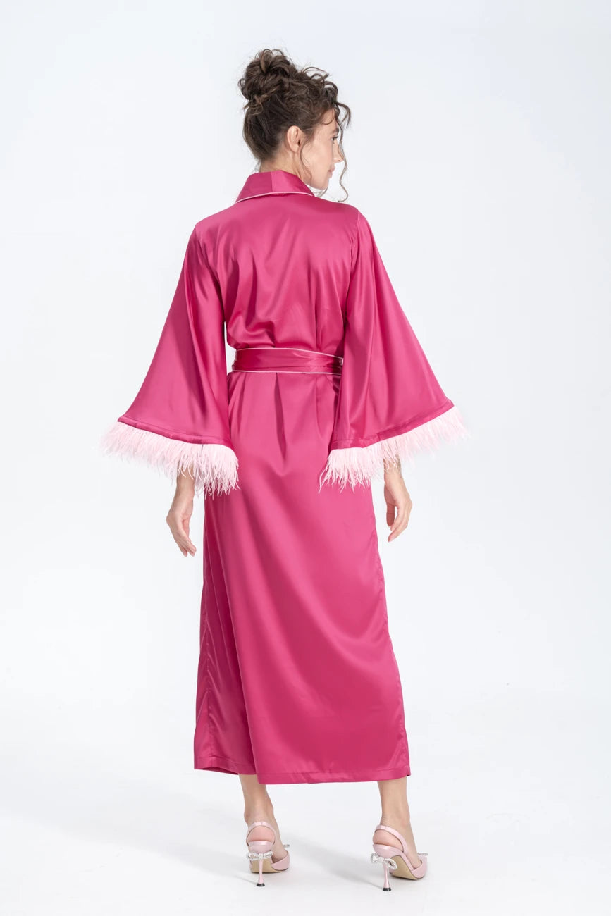 Long Silky Satin Feather Dressing Gown with Piping