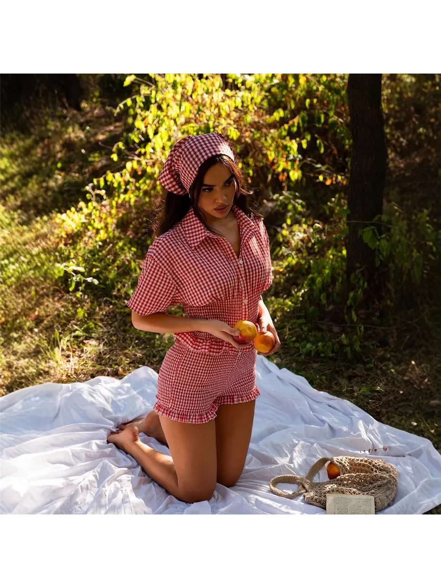 Red Gingham Cotton Co-ord Set with Hair Scarf | Boho Shirt & Shorts Set | Elasticated Waist Cotton Set | Picnic & Vacation Outfit - Bella Babe by SK