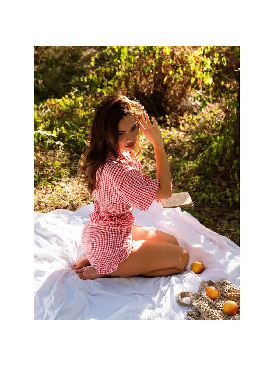 Red Gingham Cotton Co-ord Set with Hair Scarf | Boho Shirt & Shorts Set | Elasticated Waist Cotton Set | Picnic & Vacation Outfit - Bella Babe by SK