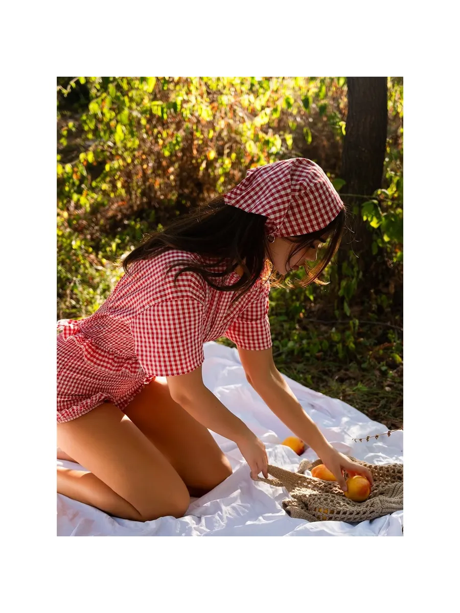 Red Gingham Cotton Co-ord Set with Hair Scarf | Boho Shirt & Shorts Set | Elasticated Waist Cotton Set | Picnic & Vacation Outfit - Bella Babe by SK