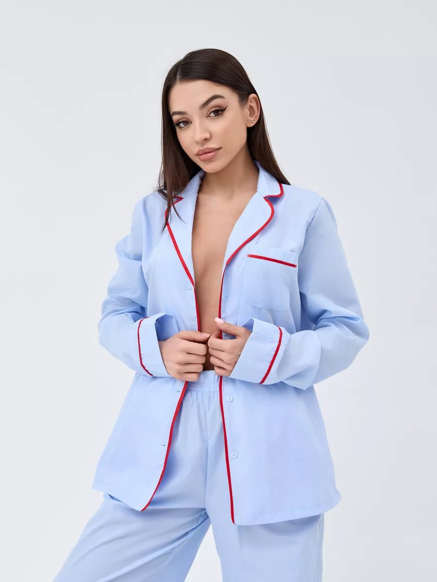 Relaxed Fit Cotton PJs in Blue with Red Piping - Bella Babe by SK