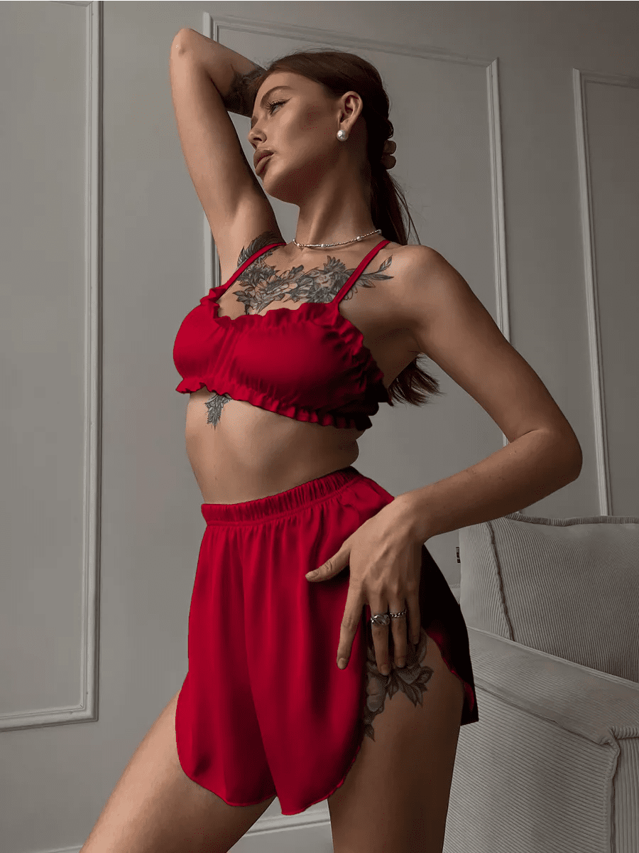 Satin Co-ord Set | Ruffle Frill Bralette & Booty Shorts | Sexy Lounge Set for Women - Bella Babe by SK