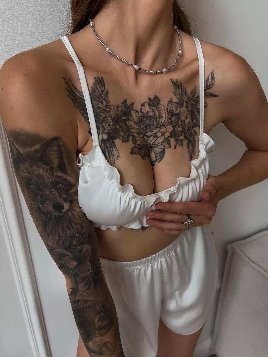 Satin Co-ord Set | Ruffle Frill Bralette & Booty Shorts | Sexy Lounge Set for Women - Bella Babe by SK